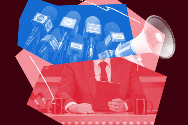 Protect Free Speech imagery including podium microphones and a megaphone.