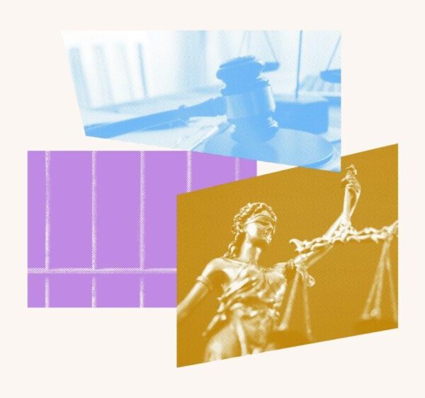 Collage with prison bars, gavel and justice statue