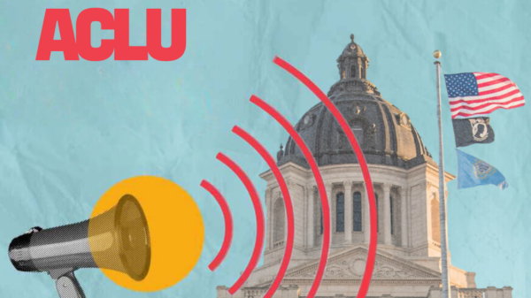 Graphic with ACLU logo and image of a megaphone with the South Dakota State Capitol