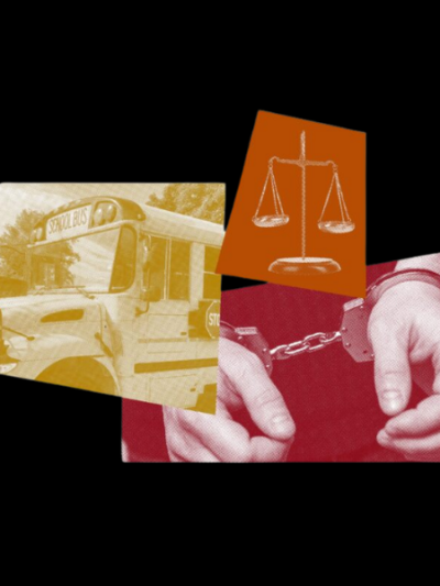 an image of a school bus, hands in handcuffs and a justice scale