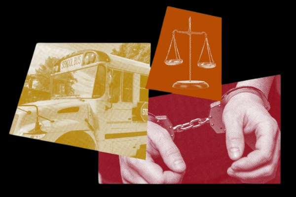 an image of a school bus, hands in handcuffs and a justice scale