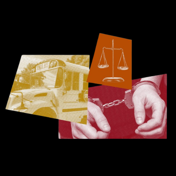 an image of a school bus, hands in handcuffs and a justice scale