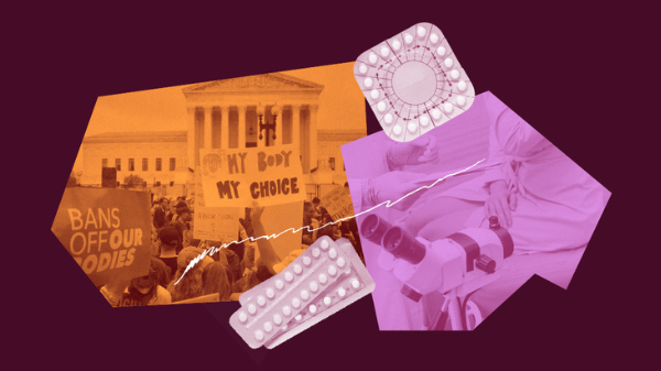 purple image with collage of birth control and an image of a protest with a sign that says "My Body My Choice"