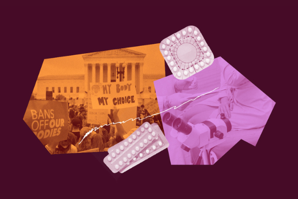 purple image with collage of birth control and an image of a protest with a sign that says "My Body My Choice"
