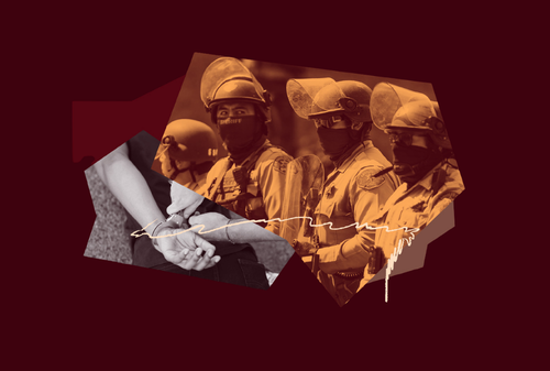 Collage of a person in handcuffs, a group of law enforcement