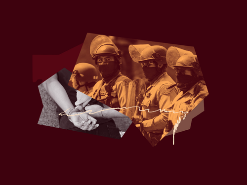 Collage of a person in handcuffs, a group of law enforcement