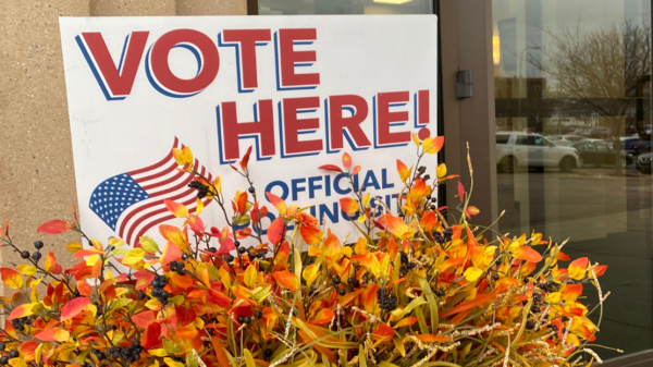 Image of a "Vote Here" Sign on orange and yellow plants