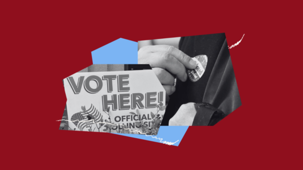 Collage of a "Vote Here" sign with an image of a person putting an "I Voted" sticker on
