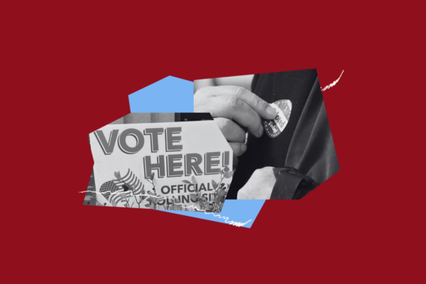 Collage of a "Vote Here" sign with an image of a person putting an "I Voted" sticker on