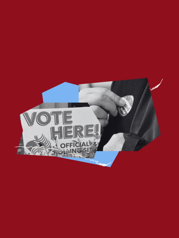 Collage of a "Vote Here" sign with an image of a person putting an "I Voted" sticker on