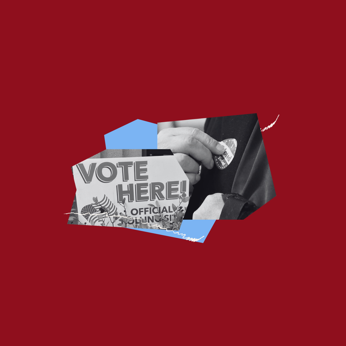 Collage of a "Vote Here" sign with an image of a person putting an "I Voted" sticker on
