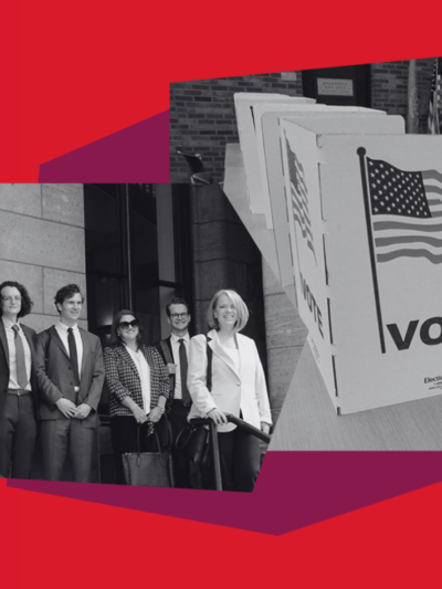 An image with a red background and purple dots on the left side featuring a collage of the LWVSD v. Johnson legal team with an image of a voting station at a polling site in black and white