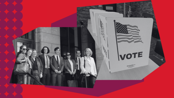 An image with a red background and purple dots on the left side featuring a collage of the LWVSD v. Johnson legal team with an image of a voting station at a polling site in black and white