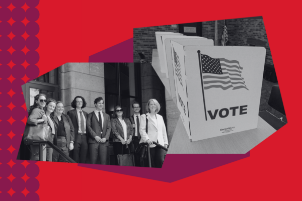 An image with a red background and purple dots on the left side featuring a collage of the LWVSD v. Johnson legal team with an image of a voting station at a polling site in black and white