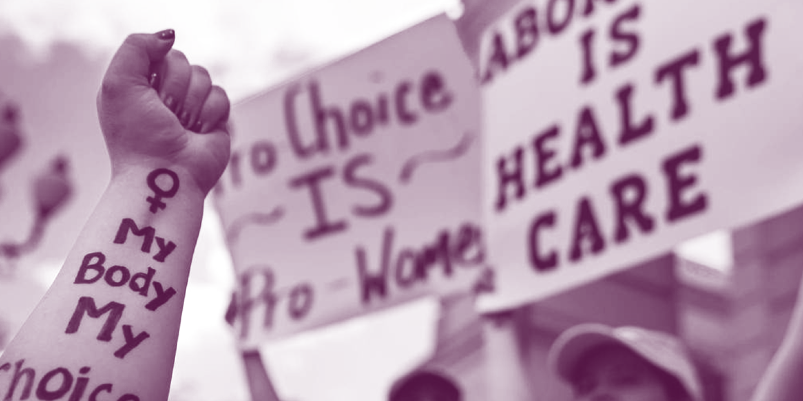 Image of protest signs and an arm that has the text, "My body my choice." 
