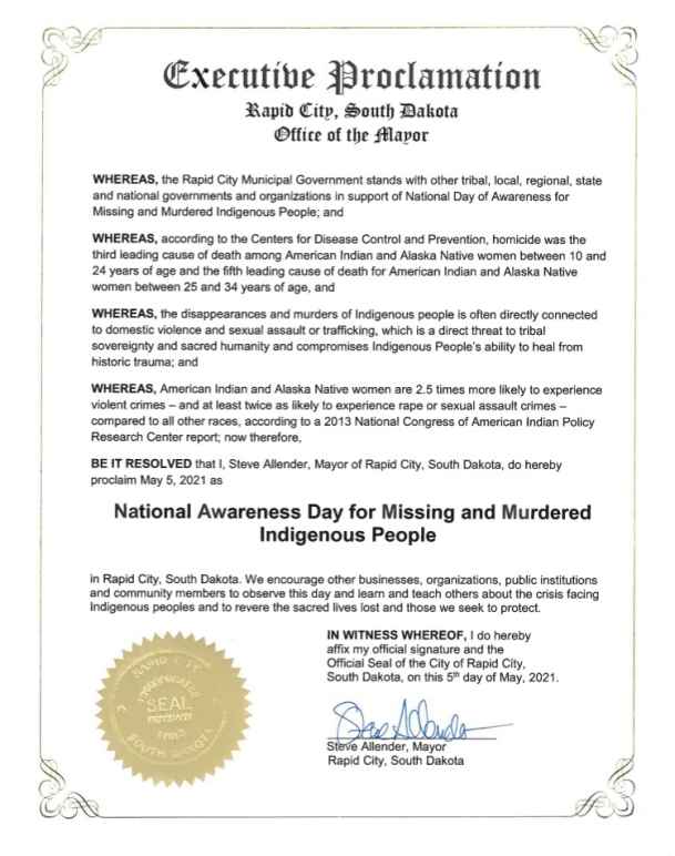 National Awareness Day for Missing and Murdered Indigenous People - Rapid City proclamation