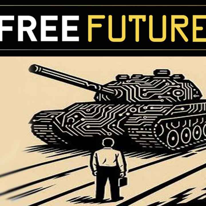 Free Future: A woodcut-style image of a man in front of a tank with circuit board design on it