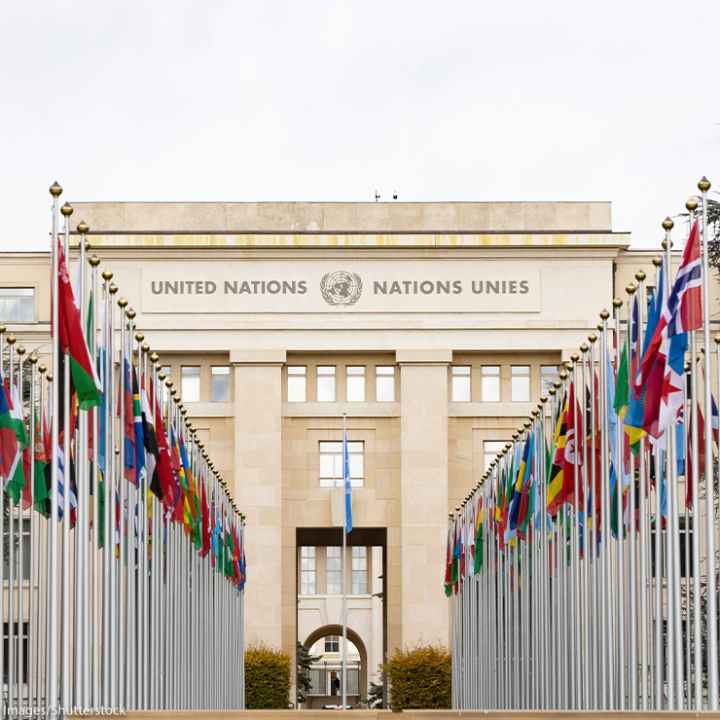 International flags flying in front of the Geneva office of the United Nations.