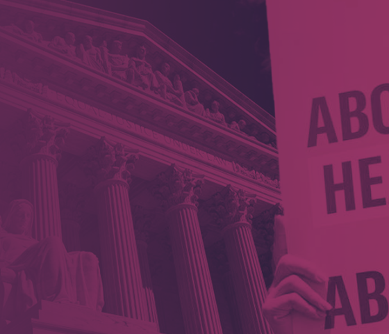Image of the Supreme Court with a purple filter and a protest sign that reads, "ABORTION IS HEALTHCARE. ABORTION IS A RIGHT."