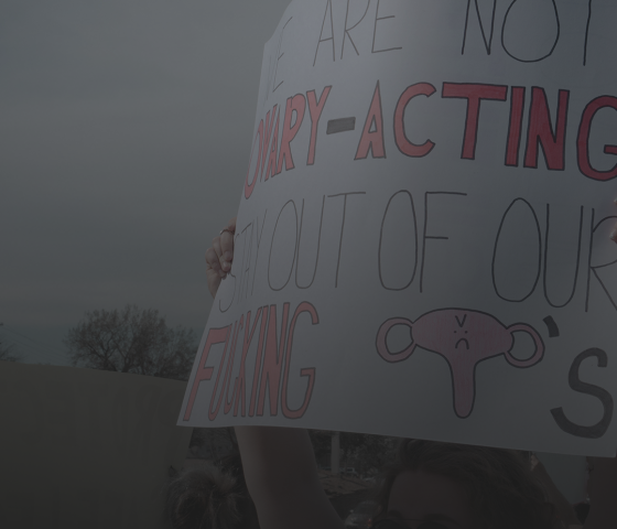 Image of a person holding a protest sign that reads, "We are not ovary-acting. Keep out of our fucking uteruses."